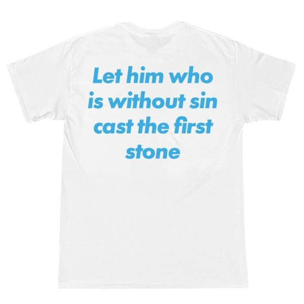 画像1: CRIME LET HIM WHO IS WITHOUT SIN CAST THE FIRST STONE Tシャツ (WHITE) (1)